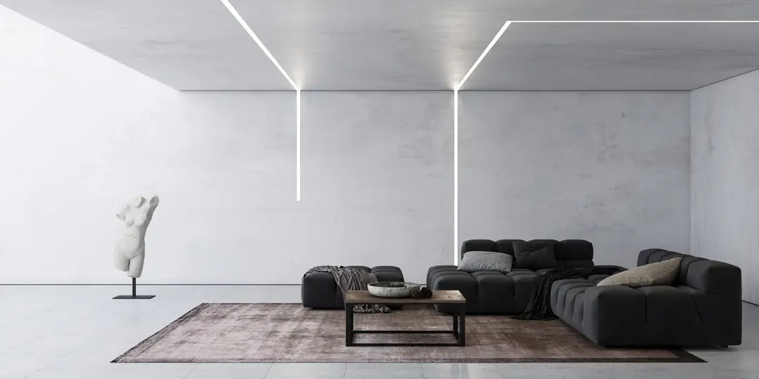 Minimalistický napínaný strop se zabudovanou světelnou linií LED