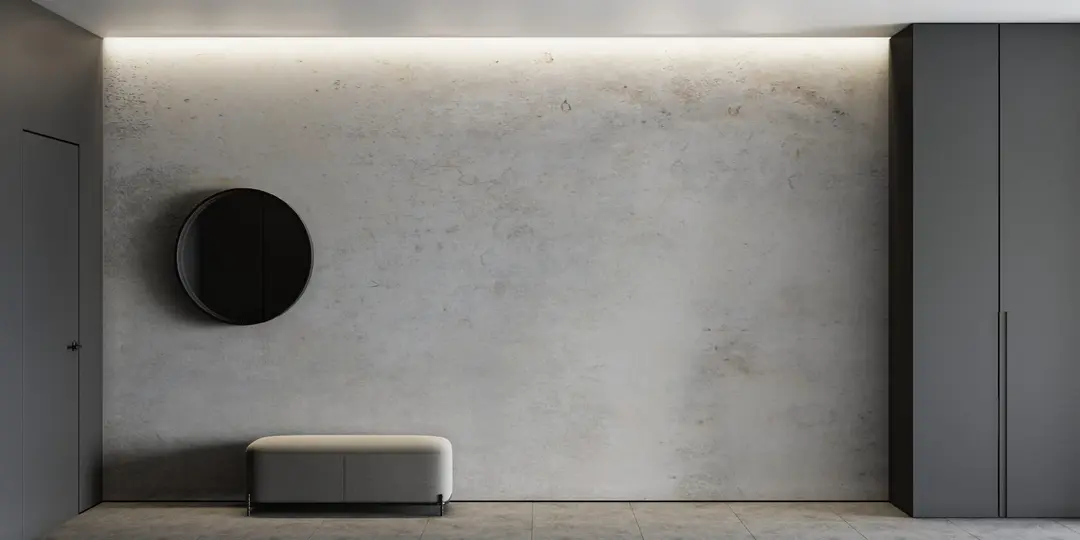 Plovoucí napínaný strop s LED osvětlením u betonové stěny